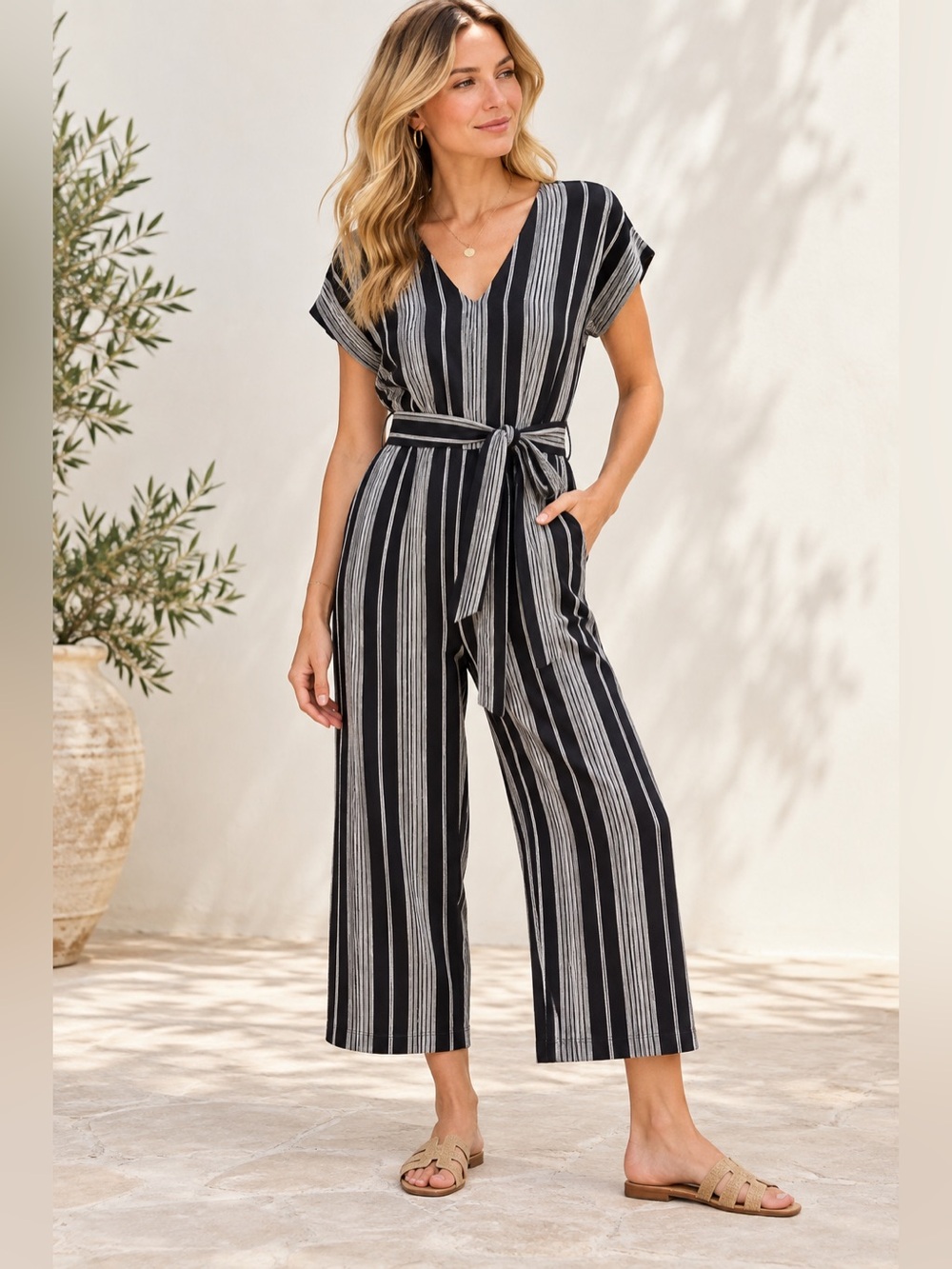 Rails Angela Striped Linen Blend Belted Jumpsuit Black White Size S